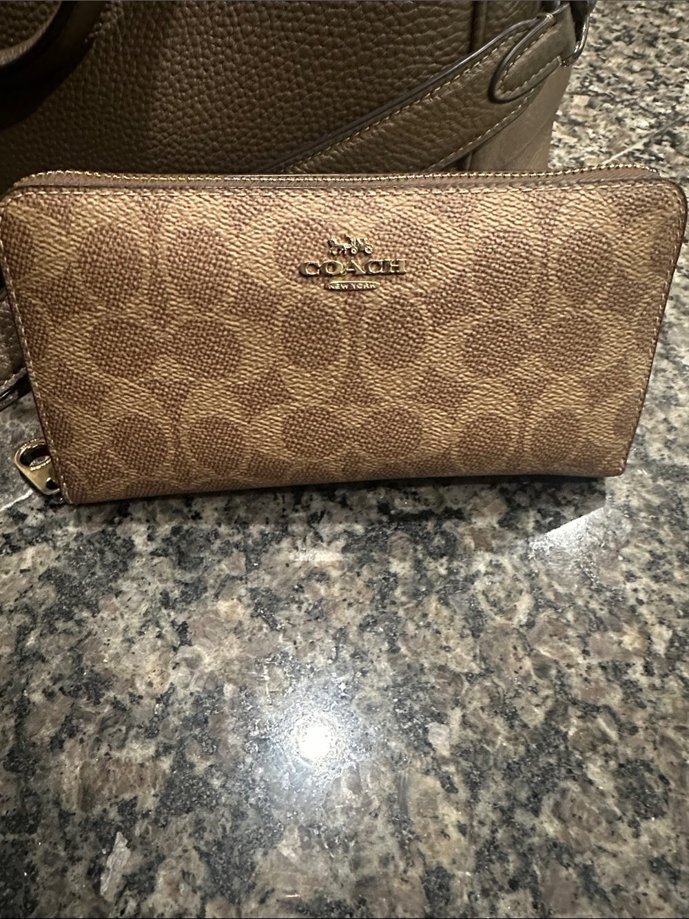 Coach Tan/Brown Signature Zip Wallet with Gold Logo